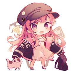 Rule 34 | 1girl, animal, backpack, bag, bare shoulders, black jacket, blush, brown hat, cabbie hat, cat, chibi, commentary request, dress, full body, hat, jacket, long hair, long sleeves, looking at viewer, open clothes, open jacket, open mouth, original, pink hair, purple eyes, road sign, shoes, sign, sleeveless, sleeveless dress, sleeves past fingers, sleeves past wrists, solo, standing, suzumori uina, unworn backpack, unworn bag, very long hair, white background, white dress