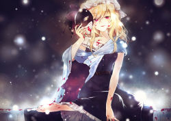 Rule 34 | 1girl, barefoot, belt, blonde hair, blood, blood on face, breasts, collarbone, hair between eyes, hat, hat ribbon, head tilt, hisona (suaritesumi), holding, holding mask, light particles, light smile, long hair, looking at viewer, maribel hearn, mask, medium breasts, mob cap, parted lips, pink eyes, purple ribbon, purple shirt, purple skirt, ribbon, shirt, sitting, skirt, solo, touhou, white hat