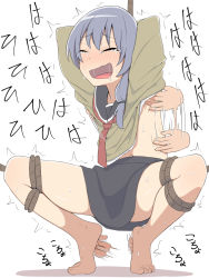 Rule 34 | 1girl, afterimage, arms up, barefoot, bdsm, black sailor collar, black skirt, blue hair, blush, bondage, bound, bound legs, closed eyes, clothes lift, collarbone, crying, disembodied limb, drooling, feet, female focus, flat chest, tickling feet, full body, green jacket, grey skirt, hair tie, jacket, japanese text, laughing, long hair, long sleeves, miniskirt, motion lines, navel, necktie, nose blush, open mouth, original, red necktie, rope, sailor collar, saliva, salpin, shiny skin, shirt, shirt lift, simple background, skirt, smile, solo, squatting, sweat, sweater, sweater lift, tears, text focus, tickling, translation request, trembling, white background, white shirt
