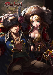 Rule 34 | 1boy, 1girl, bad id, bad pixiv id, blonde hair, breasts, brown eyes, brown hair, cleavage, earrings, feathers, flower, gloves, green eyes, gun, hat, highres, jewelry, len (a-7), map, mole, official art, pendant, pirate, pirate legacy, sheath, sitting, smile, sword, weapon