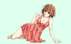 Rule 34 | 1girl, antenna hair, arm support, bare shoulders, barefoot, breasts, brown eyes, brown hair, cleavage, dress, female focus, finger to mouth, full body, large breasts, legs, lying, meiji69, meiji (artist), meiko (vocaloid), on side, short dress, short hair, simple background, sitting, solo, vocaloid