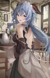 Rule 34 | 1boy, 2girls, ahoge, alternate costume, apron, blue hair, bottle, breasts, brown eyes, chair, crossed bangs, cup, drinking glass, ganyu (genshin impact), genshin impact, glass, hair between eyes, highres, horns, indoors, kaeya (genshin impact), klee (genshin impact), looking at viewer, looking back, maid, maid apron, maid headdress, medium breasts, multiple girls, open mouth, peeking, picture frame, smile, sukuemon, table, tray, window, wine glass