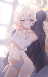 1girl black_jacket blonde_hair blue_archive breasts cowboy_shot crop_top dvleo green_eyes halo jacket long_hair looking_at_viewer navel panties panty_pull professor_niyaniya_(blue_archive) small_breasts solo spaghetti_strap standing strap_gap tears underwear uneven_eyes white_panties yellow_halo