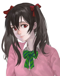 Rule 34 | 10s, 1girl, black hair, green ribbon, hair between eyes, hair ornament, hair over one eye, hair ribbon, head tilt, lips, love live!, love live! school idol project, modare, nose, pink shirt, red eyes, red ribbon, ribbon, school uniform, shirt, simple background, smile, solo, striped ribbon, twintails, white background, yazawa nico