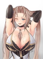 Rule 34 | 1girl, absurdres, alcohol, armpits, artist name, azur lane, black bra, black choker, black gloves, blonde hair, blue eyes, blush, bottle, bra, breasts, choker, cleavage, collarbone, dress, elbow gloves, gloves, hands in hair, highres, kronshtadt (azur lane), large breasts, long hair, looking at viewer, mole, mole on breast, one eye closed, open mouth, parted lips, presenting armpit, simple background, smile, solo, standing, sweat, sweatdrop, teeth, underwear, upper teeth only, whitter