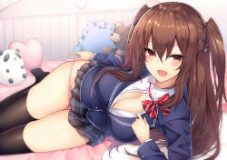 Rule 34 | 1girl, :d, black ribbon, black thighhighs, blazer, blush, bow, bowtie, breasts, brown hair, cleavage, groin, hair between eyes, hair ribbon, heart, heart-shaped pillow, jacket, large breasts, long hair, looking at viewer, lying, miniskirt, mole, mole under eye, nakatama kyou, on bed, on side, open mouth, original, panties, pillow, pink panties, plaid, plaid skirt, pleated skirt, pulling own clothes, red bow, red bowtie, red eyes, ribbon, school uniform, skirt, smile, solo, strap pull, stuffed animal, stuffed panda, stuffed toy, teddy bear, thighhighs, two side up, underwear