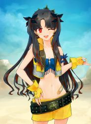 Rule 34 | + +, 1girl, ;d, absurdres, bad id, bad pixiv id, bandaid, bandaid on stomach, bandeau, belt, black hair, blue bandeau, bow, commentary request, cowboy shot, cropped vest, earrings, fate/grand order, fate (series), fingerless gloves, gloves, hair bow, hand on own hip, highres, hiyameshi (hiyamesshi), ishtar (fate), jewelry, long hair, looking at viewer, midriff, money gesture, navel, one eye closed, open mouth, red eyes, shorts, sidelocks, smile, solo, space ishtar (fate), space ishtar (second ascension) (fate), standing, studded belt, two side up, vest, yellow gloves, yellow shorts, yellow vest