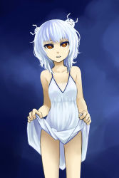 Rule 34 | 1girl, bare shoulders, breasts, clothes lift, creature, dress, flat chest, highres, hikari shoujo, orange eyes, original, pas (paxiti), short hair, simple background, skirt, skirt lift, small breasts, solo, white dress, white hair, white skirt
