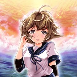 Rule 34 | 10s, 1girl, :d, ahoge, bandaid, bandaid on face, blush, cloud, elbow pads, grey eyes, hand in own hair, kantai collection, lens flare, looking at viewer, oboro (kancolle), ocean, open mouth, school uniform, serafuku, short hair, sky, smile, solo, sparkle, tk8d32, upper body