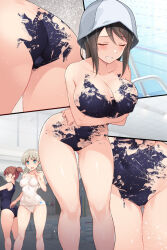 Rule 34 | 3girls, aki (girls und panzer), arms under breasts, ass, bare legs, black one-piece swimsuit, blonde hair, blue eyes, blush, bodypaint, breasts, brown eyes, brown hair, cleavage, clenched teeth, closed eyes, closed mouth, collarbone, commentary request, covered erect nipples, covered navel, embarrassed, finnish flag, girls und panzer, hair between eyes, highres, leaning forward, looking at viewer, medium hair, mika (girls und panzer), mikko (girls und panzer), multiple girls, multiple views, nakamura yukitoshi, old school swimsuit, one-piece swimsuit, open mouth, painted clothes, pool, pool ladder, poolside, school swimsuit, short hair, sidelocks, swimsuit, teeth, thighs, tulip hat