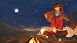Rule 34 | 1girl, :o, animal ears, brown hair, campfire, cup, desert, dress, earrings, fantasy, fire, full moon, hair between eyes, holding, holding cup, jewelry, lansane, long hair, long sleeves, looking up, moon, night, night sky, original, pants, parted lips, puffy pants, red dress, red eyes, signature, sky, solo, star (sky), starry sky, tail, toeless legwear, toes, tsana (lansane), turban, white pants
