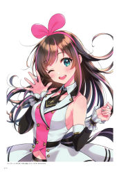 Rule 34 | 1girl, aqua eyes, arm warmers, bare shoulders, black neckwear, blush, bow, breasts, brown hair, buttons, detached sleeves, fingernails, hair bow, hairband, hand up, hands up, head tilt, highres, kizuna ai, kizuna ai (elegant), kizuna ai inc., lace-trimmed sleeves, lace trim, lips, long hair, looking at viewer, midriff peek, morikura en, multicolored hair, navel, necktie, official art, one eye closed, open mouth, page number, pink hair, pink hairband, shiny skin, shirt, simple background, sleeveless, sleeveless shirt, smile, virtual youtuber, white background