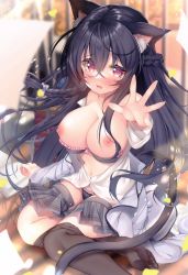 Rule 34 | 1girl, absurdres, animal ears, bare shoulders, black bra, black hair, black panties, black pantyhose, blush, bow, bra, bra pull, braid, breasts, breasts out, cameltoe, cat ears, cat girl, cat tail, cleavage, clothes pull, collarbone, feet, feet out of frame, female focus, frilled bra, frilled panties, frills, hair between eyes, hair bow, highres, jacket, jacket partially removed, unworn jacket, ko yu, large breasts, legs, long hair, looking at viewer, midriff, navel, nipples, open clothes, open mouth, open shirt, outstretched arm, outstretched hand, panties, pantyhose, pink eyes, pleated skirt, purple eyes, school uniform, see-through, serafuku, shirt, skirt, unworn skirt, soles, solo, stomach, sweat, sweatdrop, tagme, tail, thighhighs, toenails, toes, underwear, uniform, wardrobe malfunction, white shirt
