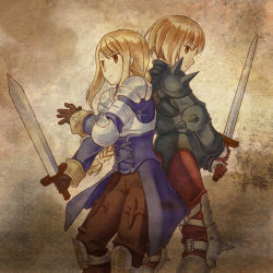 Rule 34 | agrias oaks, angelsyndrome, armor, back-to-back, blonde hair, boots, braid, brown eyes, final fantasy, final fantasy tactics, gloves, long hair, ramza beoulve, single braid, spikes, sword, weapon