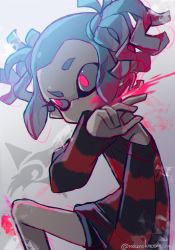 Rule 34 | 1girl, black shorts, blue hair, commentary request, eyes visible through hair, glaring, glowing, glowing eyes, highres, long sleeves, looking to the side, nintendo, nou (nounknown), off shoulder, on one knee, paint splatter, pointy ears, red eyes, red shirt, red sole-chan (splatoon), shirt, short shorts, short twintails, shorts, solo, splatoon (manga), splatoon (series), striped clothes, striped shirt, t-shirt, twintails, twitter username, wiping face