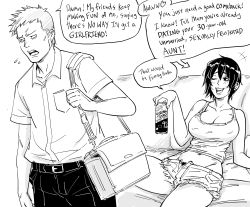 Rule 34 | 1boy, 1girl, age difference, aunt and nephew, bag, bb (baalbuddy), beer can, belt, black hair, breasts, can, commentary, couch, cutoffs, denim, denim shorts, drink can, english commentary, english text, flirting, greyscale, highres, holding, holding can, huge breasts, midriff, mole, mole under eye, monochrome, original, school bag, short hair, short shorts, shorts, simple background, sitting, smile, white background