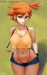 Rule 34 | 1girl, abs, absurdres, aqua eyes, artist name, breasts, cleavage, collarbone, creatures (company), crop top, curvy, denim, denim shorts, game freak, grass, highleg, highleg panties, highres, large breasts, looking at viewer, misty (pokemon), mrjack, narrow waist, naughty face, navel, nintendo, orange hair, panties, pokemon, pokemon (anime), pokemon (classic anime), see-through, short hair, short shorts, shorts, side ponytail, sitting, smile, solo, stomach, suspenders, thighs, thong, tongue, tongue out, underwear, wide hips