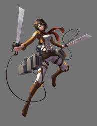 Rule 34 | 1girl, absurdres, black hair, boots, breasts, brown eyes, brown footwear, ch (yan22947), closed mouth, dual wielding, eyebrows, full body, grey background, highres, holding, holding sword, holding weapon, knee boots, large breasts, long sleeves, looking at viewer, mikasa ackerman, pantyhose, red scarf, scarf, shingeki no kyojin, short hair, simple background, solo, sword, weapon, white pantyhose