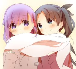 Rule 34 | 2girls, ardbf, black hair, blue eyes, blush, child, fate/stay night, fate (series), long hair, matou sakura, multiple girls, purple eyes, purple hair, scarf, shared clothes, shared scarf, short hair, siblings, sisters, smile, tohsaka rin, twintails, white scarf, aged down