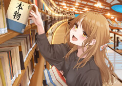 Rule 34 | 1girl, absurdres, alternate hairstyle, black shirt, blonde hair, blush, book, bookshelf, earrings, hair ornament, hairpin, hand up, highres, holding, holding book, hoop earrings, indoors, isshiki iroha, jewelry, library, light (lightpicture33), long hair, nail polish, open mouth, pink nails, shirt, signature, solo, upper body, yahari ore no seishun lovecome wa machigatteiru., yellow eyes