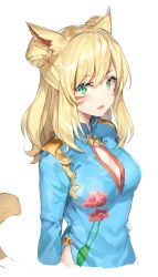Rule 34 | 1girl, animal ears, blonde hair, blue dress, blush, breasts, center opening, china dress, chinese clothes, cleavage cutout, clothing cutout, cropped torso, double bun, dress, facial mark, final fantasy, final fantasy xiv, hair bun, long hair, looking at viewer, medium breasts, miqo&#039;te, momoko (momopoco), open mouth, side slit, sidelocks, simple background, solo, vietnamese dress, whisker markings, white background