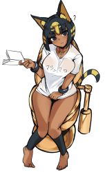 Rule 34 | 1girl, ?, animal crossing, animal ears, ankha (animal crossing), barefoot, black eyes, black legwear, book, breasts, cat ears, cat girl, cat tail, clothes writing, commentary request, dark-skinned female, dark skin, highres, holding, holding book, humanization, jovejun, large breasts, looking at viewer, nintendo, personification, shirt, short sleeves, sitting, solo, tail, tan, toilet, translation request
