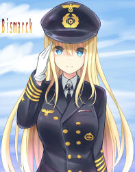Rule 34 | 10s, 1girl, absurdres, alternate costume, bismarck (kancolle), blonde hair, blue eyes, buttons, character name, cloud, cross, day, double-breasted, female admiral (kancolle), gloves, highres, iron cross, kantai collection, kriegsmarine, long hair, military, military uniform, mizukoshi (marumi), salute, sky, solo, straight hair, uniform, white gloves