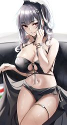 Rule 34 | 1girl, azur lane, bare shoulders, bikini, black bikini, black choker, blunt bangs, blush, bow, breasts, choker, cleavage, clothes lift, collarbone, commentary request, couch, cowboy shot, giulio cesare (azur lane), giulio cesare (high tide under the sunlight) (azur lane), hair bow, hand up, highres, large breasts, long hair, looking at viewer, navel, nicky w, o-ring, o-ring bikini, official alternate costume, parted lips, red eyes, sarong, sarong lift, sidelocks, silver hair, simple background, sitting, smile, solo, stomach, sweat, swimsuit, thigh strap, twintails, white background, wrist wrap