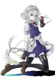 Rule 34 | 1girl, apron, black pantyhose, blue eyes, braid, chain, colorized, female focus, full body, gloves, highres, izayoi sakuya, kneeling, knife, looking at viewer, maid headdress, pantyhose, pyrethroid (artist), ribbon, short hair, silver hair, simple background, solo, stopwatch, thigh strap, touhou, ttk (kirinottk), twin braids, waist apron, watch, white background