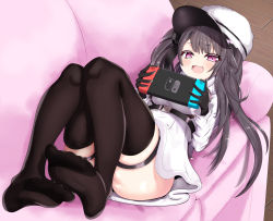 Rule 34 | 1girl, absurdres, ass, azur lane, black gloves, black hair, blush, breasts, couch, feet, game console, gloves, hat, highres, large breasts, long hair, long sleeves, looking at viewer, lying, nintendo switch, on back, on couch, open mouth, pamiat merkuria (azur lane), purple eyes, skindentation, smile, solo, thigh strap, thighhighs, ushimittsu