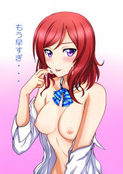 Rule 34 | 10s, 1girl, blush, bow, breasts, cum, cum on hair, cum string, gradient background, highres, kenken, love live!, love live! school idol project, medium breasts, nipples, nishikino maki, open clothes, open shirt, purple eyes, red hair, shirt, short hair, solo, tongue, translated