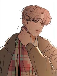 Rule 34 | 1boy, arm up, baek dohwa, blonde hair, brown jacket, jacket, long hair, multicolored shirt, open mouth, operation: true love, simple background, solo, white background, yellow eyes