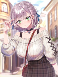 Rule 34 | 1girl, :o, absurdres, bag, between breasts, black choker, blue ribbon, braid, breasts, casual, choker, green eyes, hair ribbon, hand up, highres, hololive, large breasts, looking at viewer, minaramuda, off-shoulder sweater, off shoulder, official alternate costume, ribbon, ribbon-trimmed sleeves, ribbon trim, shirogane noel, shirogane noel (casual), shoulder bag, silver hair, skirt, snowflake choker, solo, strap between breasts, sweater, upper body, virtual youtuber, white sweater