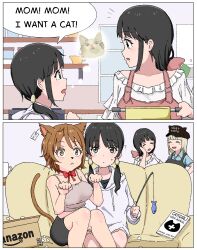 Rule 34 | 4girls, ?, aiu404l, amazon (company), apron, black hair, black headwear, blonde hair, blush, bow, bowtie, box, brown hair, cat, cat girl, comic, cooking pot, egg (aiu404l), hair bow, hat, highres, hood, hoodie, kitchen, manual, multiple girls, original, price tag, sitting, sitting on person, thought bubble, toy, uber