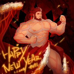 Rule 34 | 1boy, abs, alternate costume, bara, beard, biceps, cape, embers, facial hair, fate/grand order, fate/zero, fate (series), fur-trimmed cape, fur trim, happy new year, iskandar (fate), large pectorals, lrpanda00, male focus, muscular, naked cape, navel, new year, nipples, pectorals, red eyes, red hair, topless male, short hair, solo, thick thighs, thighs