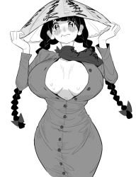 Rule 34 | blush, breasts, clothes, embarrassed, female focus, frogsnake, hat, huge breasts, long hair, looking at viewer, monochrome, solo, touhou, twintails, white background