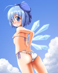 Rule 34 | 1girl, ahoge, ass, bikini, blue eyes, blue hair, blush, bow, breasts, cirno, from behind, hair bow, ice, ice wings, looking at viewer, looking back, matching hair/eyes, micro bikini, short hair, side-tie bikini bottom, small breasts, solo, swimsuit, tonky, touhou, wings