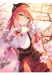 Rule 34 | 1girl, absurdres, ahoge, bell, blurry, blurry background, blurry foreground, blush, breasts, brown hat, cherry blossoms, clothing request, collared shirt, depth of field, framed breasts, frilled sleeves, frills, hat, heart, heart hands, highres, hololive, large breasts, long hair, looking at viewer, neck bell, neck ribbon, nontraditional miko, plaid, plaid skirt, puffy sleeves, red skirt, ribbon, road, sakura miko, sakura miko (casual), shirt, sidelocks, skirt, smile, solo, virtual youtuber, white shirt, yuiko 0421