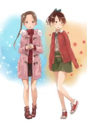 Rule 34 | 10s, 2girls, :o, alternate costume, autumn, autumn leaves, ayanami (kancolle), bow, brown eyes, brown hair, buttons, coat, hair bow, hair ribbon, jacket, kantai collection, long sleeves, looking at viewer, looking away, matsutani, multiple girls, open mouth, pleated skirt, ribbon, shikinami (kancolle), shoes, short hair, side ponytail, skirt, sneakers, turtleneck, winter, winter clothes, winter coat