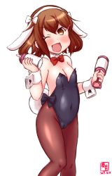 Rule 34 | 1girl, alternate costume, animal ears, artist logo, baby bottle, bare shoulders, black leotard, blush, bottle, bow, bowtie, breasts, brown eyes, brown hair, rabbit ears, rabbit tail, cameltoe, cleft of venus, commentary request, covered navel, cowboy shot, dated, detached collar, fake animal ears, fang, hair ornament, hairclip, highres, ikazuchi (kancolle), kanon (kurogane knights), kantai collection, leotard, long hair, looking at viewer, one eye closed, open mouth, pantyhose, playboy bunny, rattle drum, short hair, signature, simple background, small breasts, smile, solo, strapless, strapless leotard, tail, white background, wrist cuffs