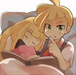 Rule 34 | 1boy, 1girl, aged down, blonde hair, book, brother and sister, clefairy, closed eyes, creatures (company), finger to mouth, game freak, gen 1 pokemon, gladion (pokemon), green eyes, leaning on person, lillie (pokemon), long hair, nintendo, open book, pillow, pokemon, pokemon (anime), pokemon (creature), pokemon sm (anime), short hair, short sleeves, shushing, siblings, siroromo, sleeping, stuffed toy