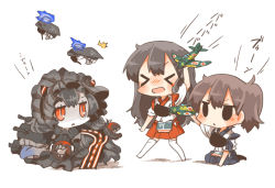 Rule 34 | &gt; &lt;, 10s, 3girls, :d, > <, abyssal ship, aircraft, airplane, akagi (kancolle), black hair, black legwear, bonnet, brown hair, character request, enemy aircraft (kancolle), closed eyes, isolated island oni, jitome, kaga (kancolle), kantai collection, long hair, multiple girls, muneate, open mouth, pale skin, personification, rebecca (keinelove), red eyes, short hair, slit pupils, smile, thighhighs, white legwear, xd