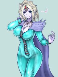 Rule 34 | 1girl, blonde hair, bodysuit, breasts, circlet, cleavage, colored skin, dragon quest, dragon quest xi, green eyes, hand on own hip, huge nipples, krystalinda, large breasts, lips, lislette (dq11), lizlette, long hair, looking at viewer, looking down, purple background, raised eyebrows, smile, solo, white skin
