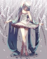 Rule 34 | 1girl, absurdly long hair, arms at sides, ballerina, ballet, ballet slippers, bare legs, bare shoulders, blue hair, breasts, cleavage, closed eyes, collarbone, dress, flower, frills, full body, hatsune miku, long hair, nachoz (nachozart), rose, small breasts, smile, solo, standing, twintails, very long hair, vocaloid, wisteria