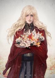 Rule 34 | 1girl, absurdres, blonde hair, blue eyes, devil may cry (series), dress, eva (devil may cry), flower, highres, holding, holding flower, lipstick, long hair, looking at viewer, makeup, mature female, user enee5338