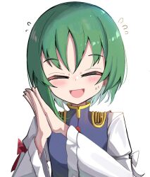 Rule 34 | 1girl, :d, asymmetrical hair, closed eyes, commentary, epaulettes, facing viewer, flying sweatdrops, green hair, highres, juliet sleeves, long sleeves, looking at viewer, open mouth, own hands together, puffy sleeves, shiki eiki, short hair, simple background, smile, solo, spam (spamham4506), touhou, upper body, white background
