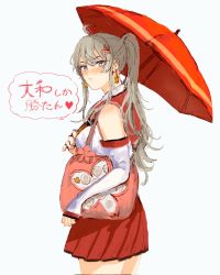 Rule 34 | 1girl, ahoge, bag, blush, breasts, closed mouth, cosplay, detached sleeves, earrings, grey background, hair ornament, heart, highres, holding, jewelry, kantai collection, long hair, looking at viewer, nidou, ponytail, red skirt, shoulder bag, simple background, skirt, solo, tassel, tassel earrings, translation request, umbrella, washington (kancolle), yamato (kancolle), yamato (kancolle) (cosplay)
