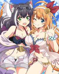 Rule 34 | 2girls, animal ears, blue eyes, breasts, cat ears, cat girl, cat tail, green eyes, highres, karyl (princess connect!), large breasts, looking at viewer, masako (sabotage-mode), multiple girls, open mouth, orange hair, pecorine (princess connect!), princess connect!, small breasts, swimsuit, tail