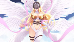 Rule 34 | 1girl, angel, angel wings, angewomon, armor, asymmetrical clothes, bare arms, bare shoulders, belt, blonde hair, breastplate, breasts, cait aron, cleavage, clothing cutout, collarbone, commentary request, covered eyes, digimon, digimon (creature), elbow gloves, facing viewer, feathered wings, feathers, gloves, hagoromo, head wings, helmet, highres, large breasts, long hair, multiple wings, navel, navel cutout, o-ring, pink ribbon, ribbon, shawl, single elbow glove, single glove, single pantsleg, smile, solo, thigh strap, very long hair, white gloves, white wings, wings