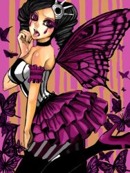 Rule 34 | 1girl, arm garter, arrancar, bare shoulders, black hair, black thighhighs, bleach, breasts, bug, butterfly, butterfly wings, choker, cirucci sanderwicci, corset, drill hair, eyeshadow, facial mark, frills, hair ornament, high heels, insect, insect wings, makeup, open mouth, purple eyes, purple skirt, shoes, short twintails, skirt, solo, thighhighs, tongue, tongue out, twin drills, twintails, wings